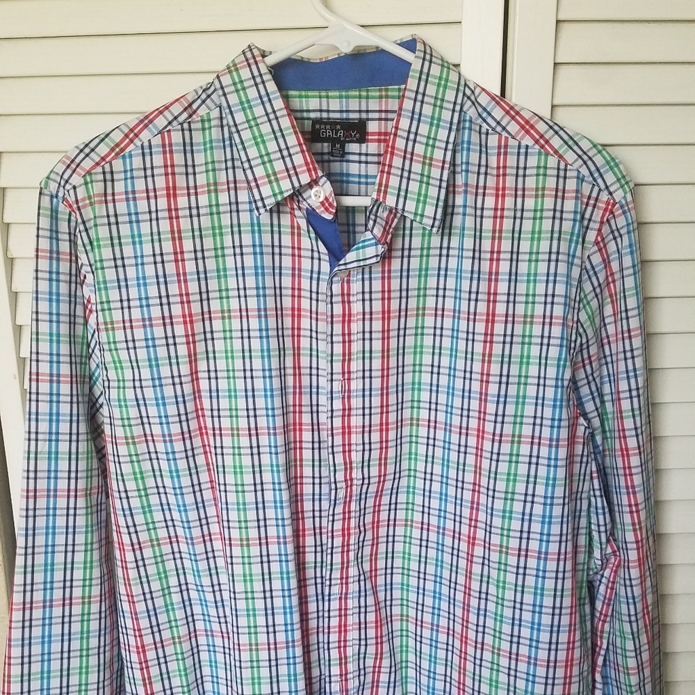 Multi colored plaid long sleeve button up dress sh